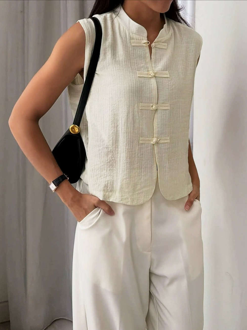 ZARA Artistic Retro Chinese Solid Color Mandarin Collar Frog Button Vest